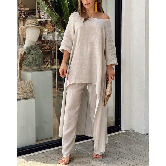 Moda casual tamanho grande terno irregular de mangas compridas calças largas terno de duas peças