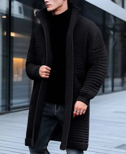 Suéter longo casual de cor sólida com bolso de gola alta