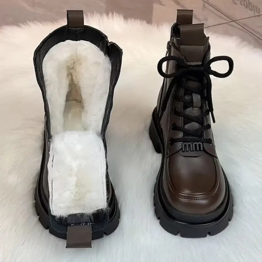 【35-40】 Sola grossa de lã de couro genuíno para mulheres Botas Martin