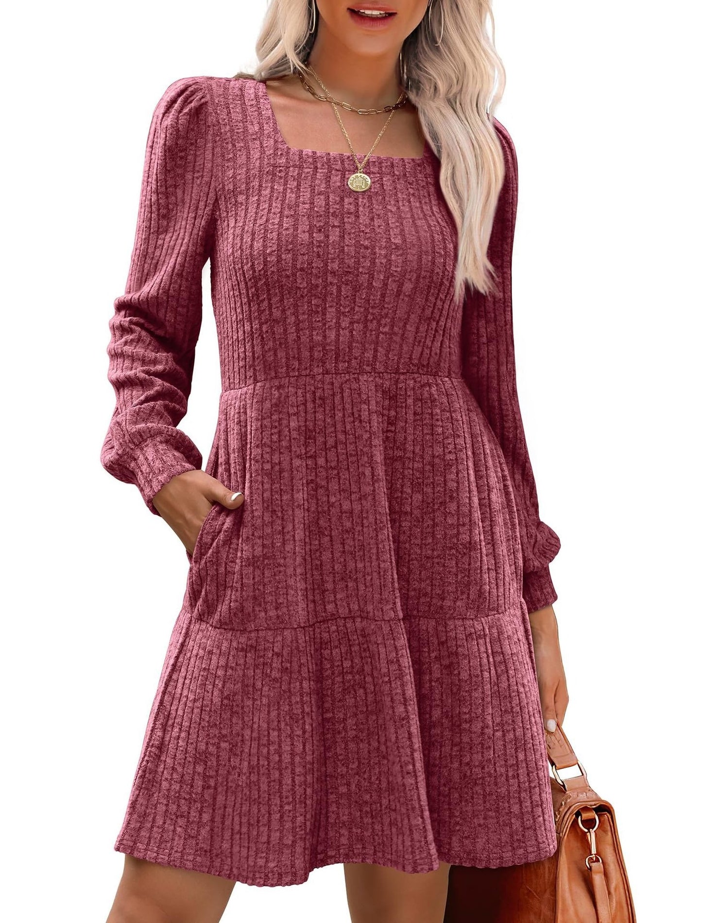 🍂Utolsó napi akció 49% KEDVEZMÉNY🔥Női szögletes nyakú, hosszú ujjú őszi ruhák, lezser babydoll pulóverruha