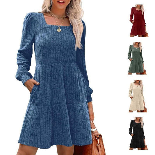 🍂Utolsó napi akció 49% KEDVEZMÉNY🔥Női szögletes nyakú, hosszú ujjú őszi ruhák, lezser babydoll pulóverruha