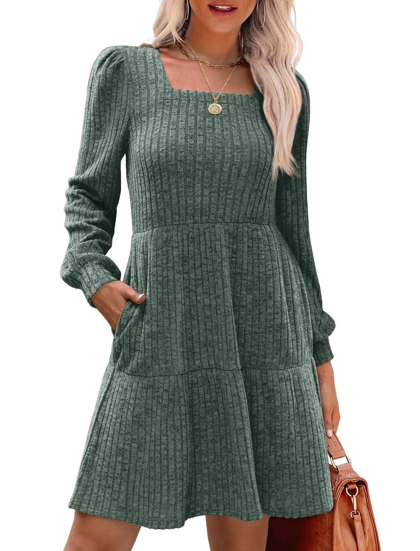 🍂Utolsó napi akció 49% KEDVEZMÉNY🔥Női szögletes nyakú, hosszú ujjú őszi ruhák, lezser babydoll pulóverruha
