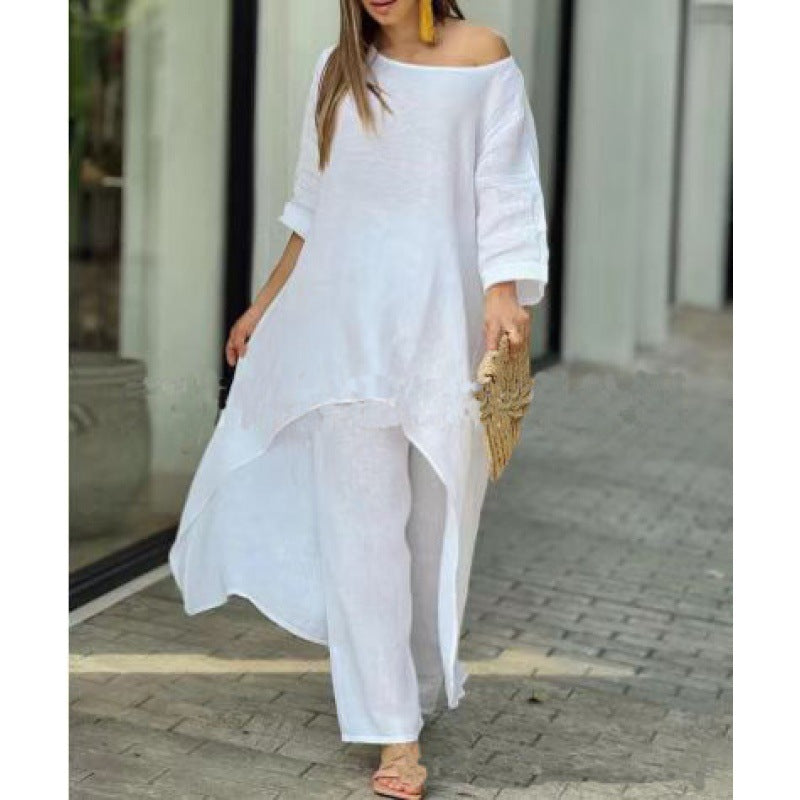 Moda casual tamanho grande terno irregular de mangas compridas calças largas terno de duas peças
