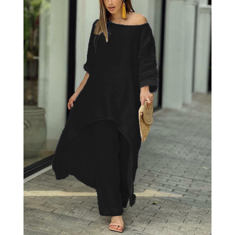 Moda casual tamanho grande terno irregular de mangas compridas calças largas terno de duas peças